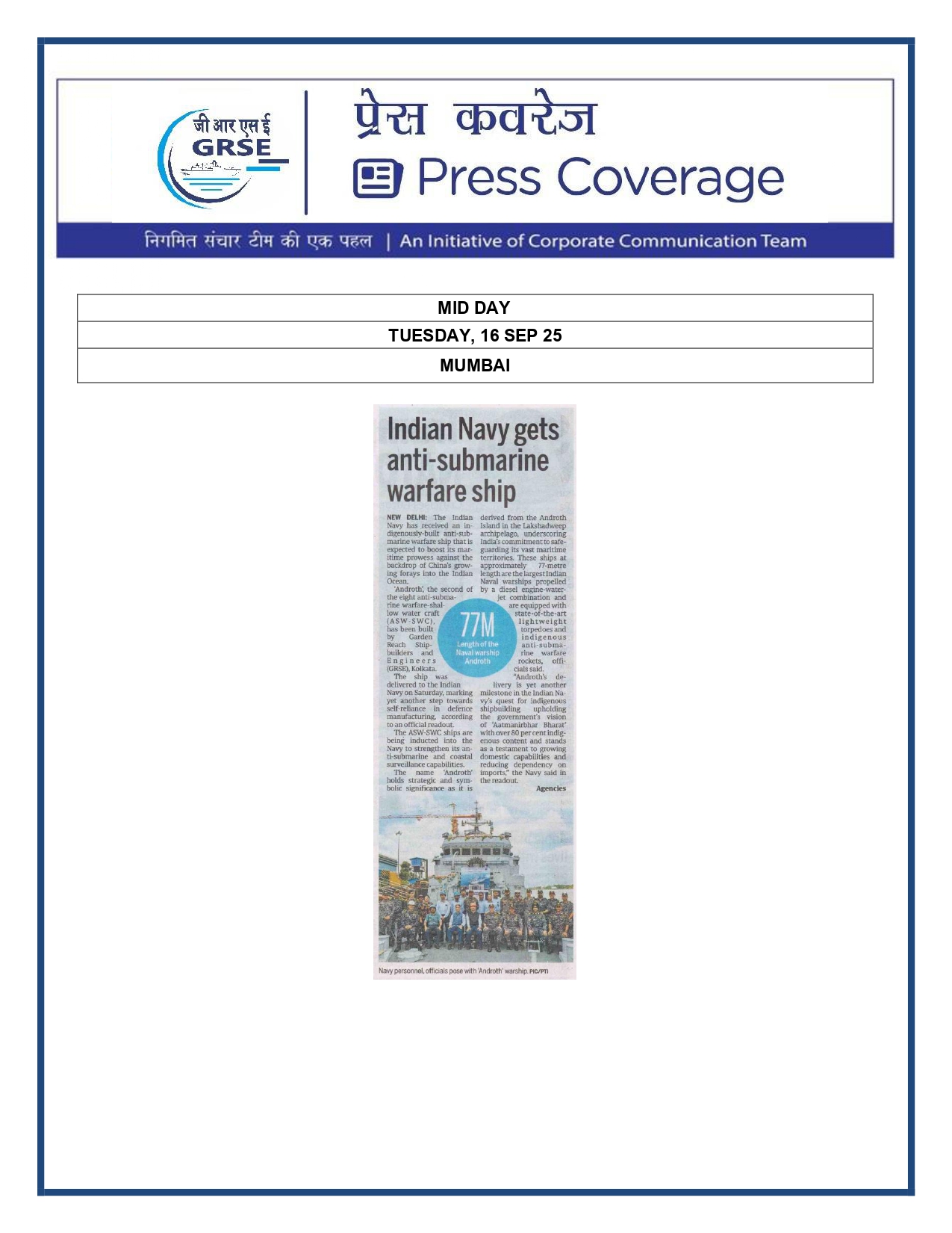 Press Coverage : 16 Sept 25:BUSINESS STANDARD